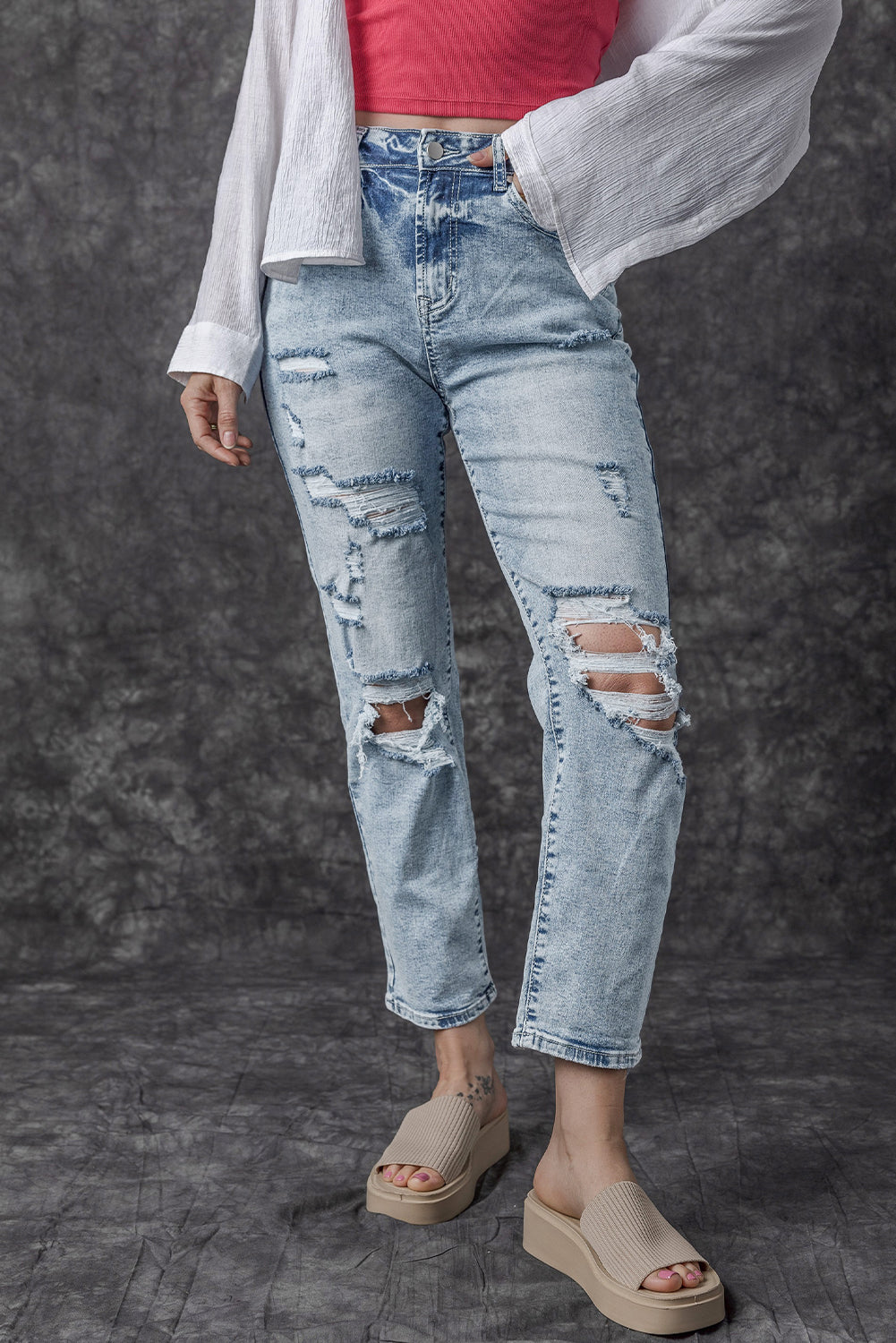 Sky Blue Light Wash Frayed Slim Fit High Waist Jeans