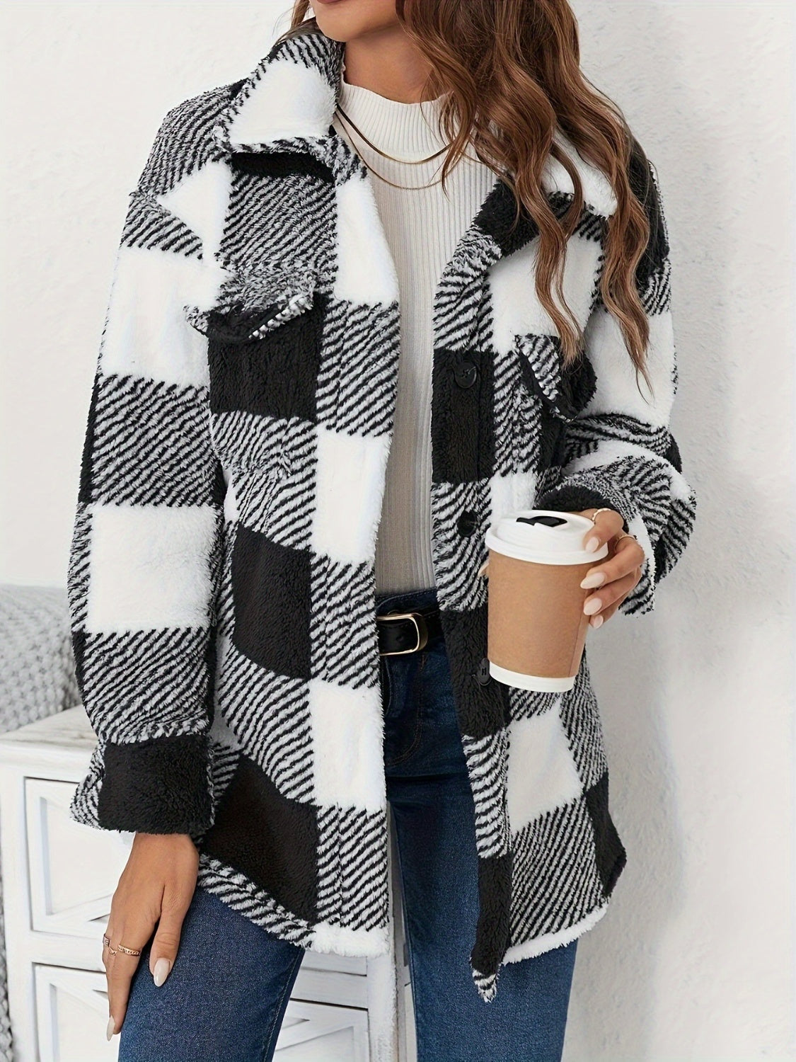 Plaid Button Up Long Sleeve Fuzzy Outerwear