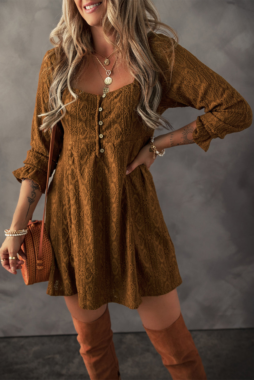 Chestnut Lace Crochet Buttoned Square Neck Shift Mini Dress