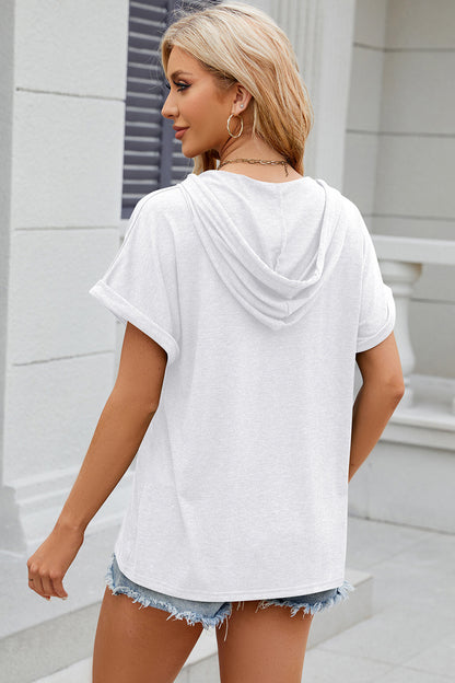 Half Button Drawstring Short Sleeve Hooded T-Shirt