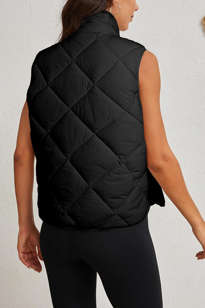 Black Quilted High Neck Button Up Pocket Vest Coat