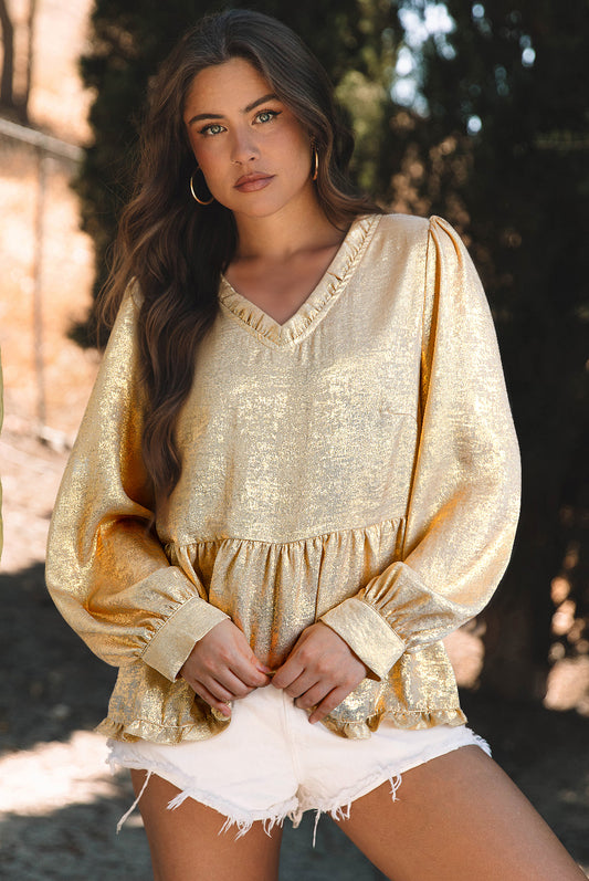 Gold Metallic Frilled V Neck Puff Sleeve Babydoll Blouse