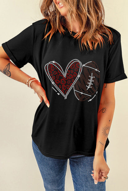 Black Rhinestone Rugby Football Heart Shape Graphic T Shirt