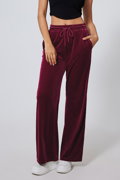 Burgundy Solid Drawstring Waist Wide Leg Pants