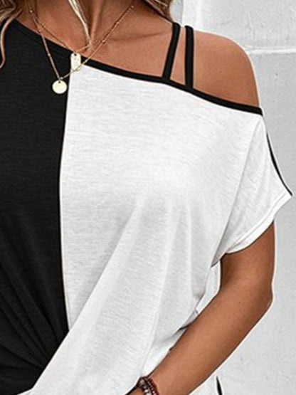 Contrast Asymmetrical Neck Short Sleeve T-Shirt