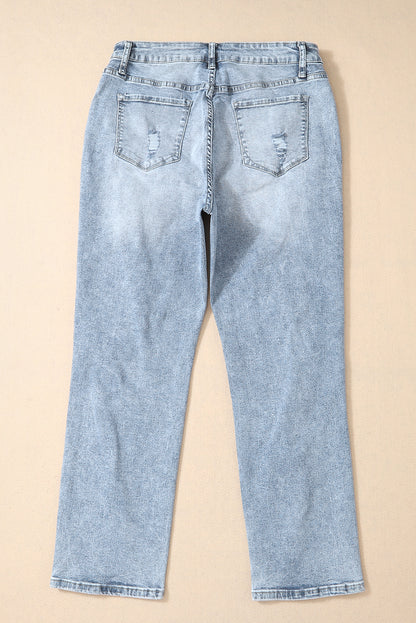 Sky Blue Light Wash Frayed Slim Fit High Waist Jeans