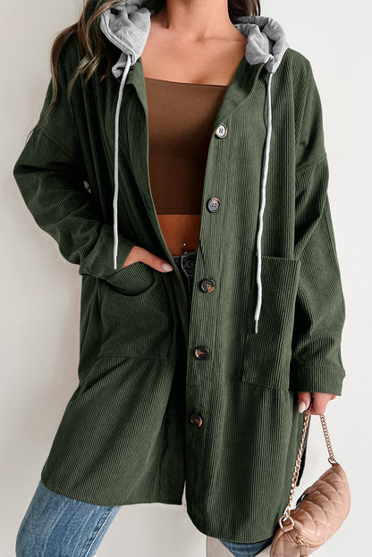 Jungle Green Oversized Corduroy Contrast Hooded Shacket