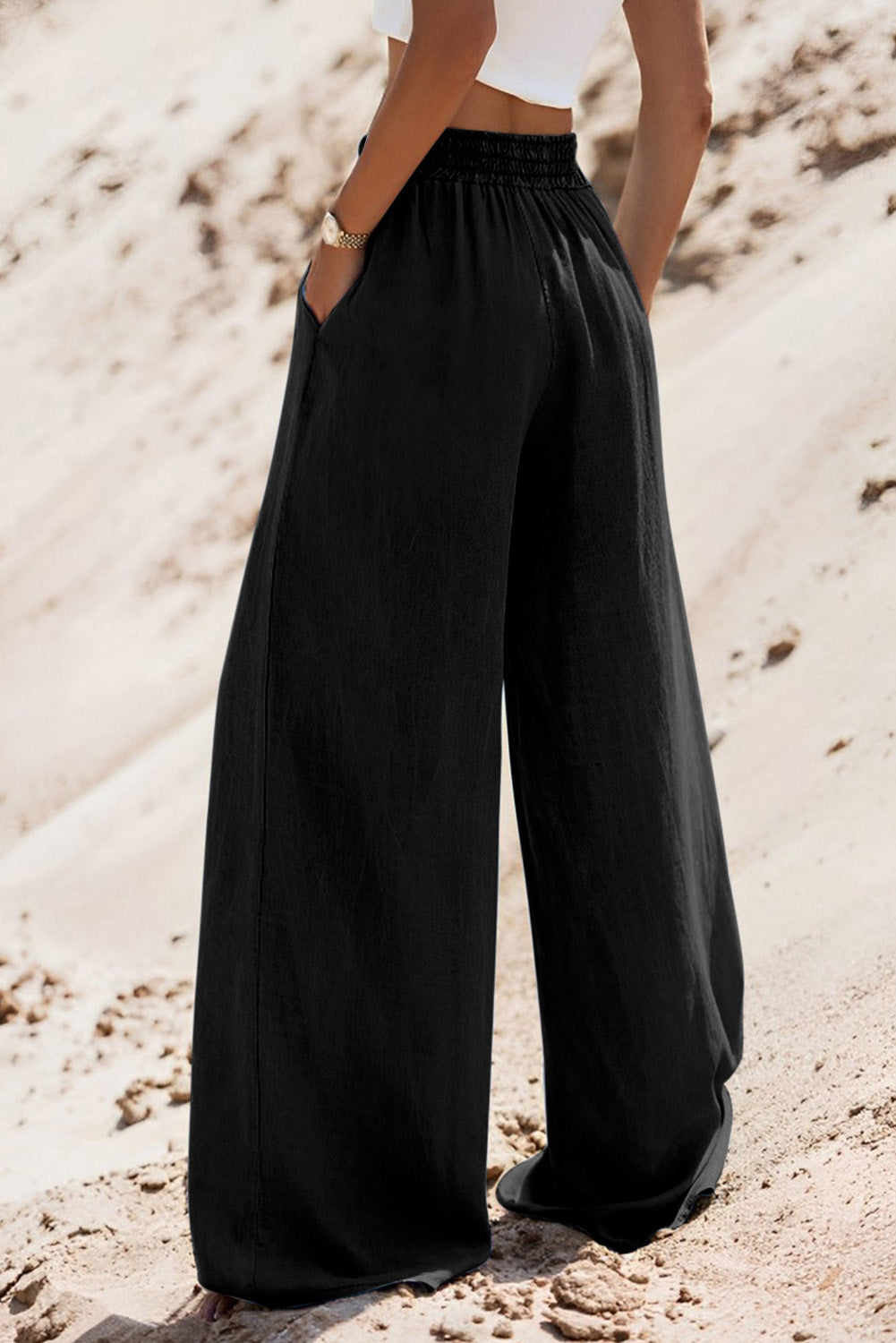 Black Drawstring High Waist Wide Leg Denim Pants