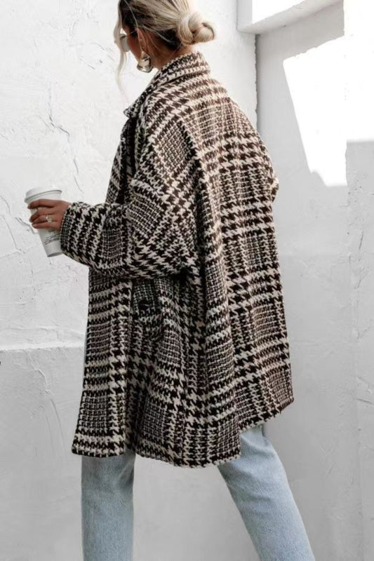 Houndstooth Collared Neck Long Sleeve Coat with Pockets