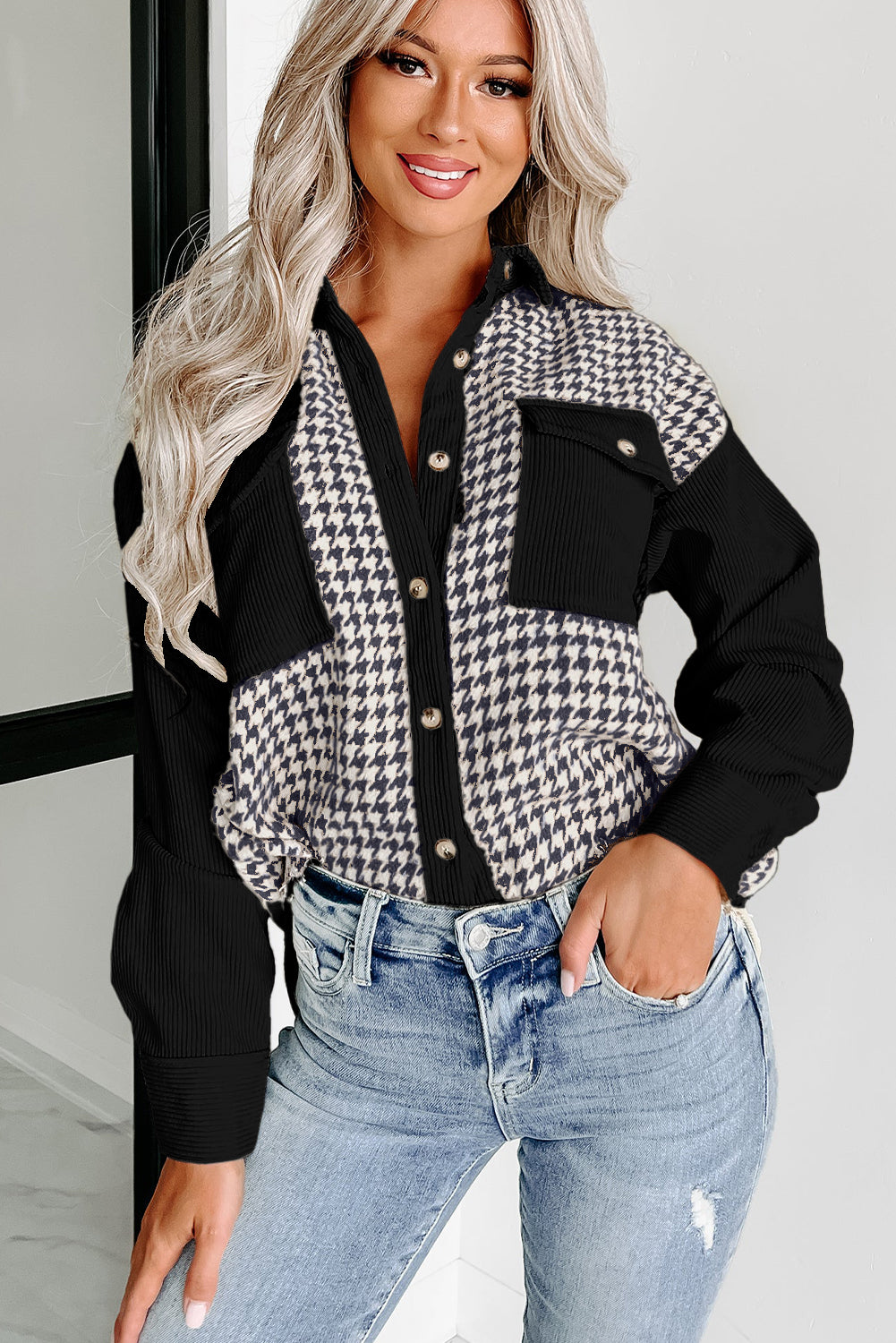 Black Houndstooth Corduroy Patchwork Flap Pocket Shacket