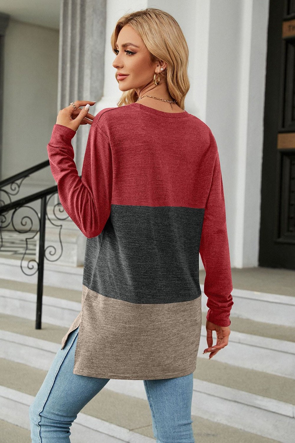 Color Block Round Neck Long Sleeve Slit T-Shirt