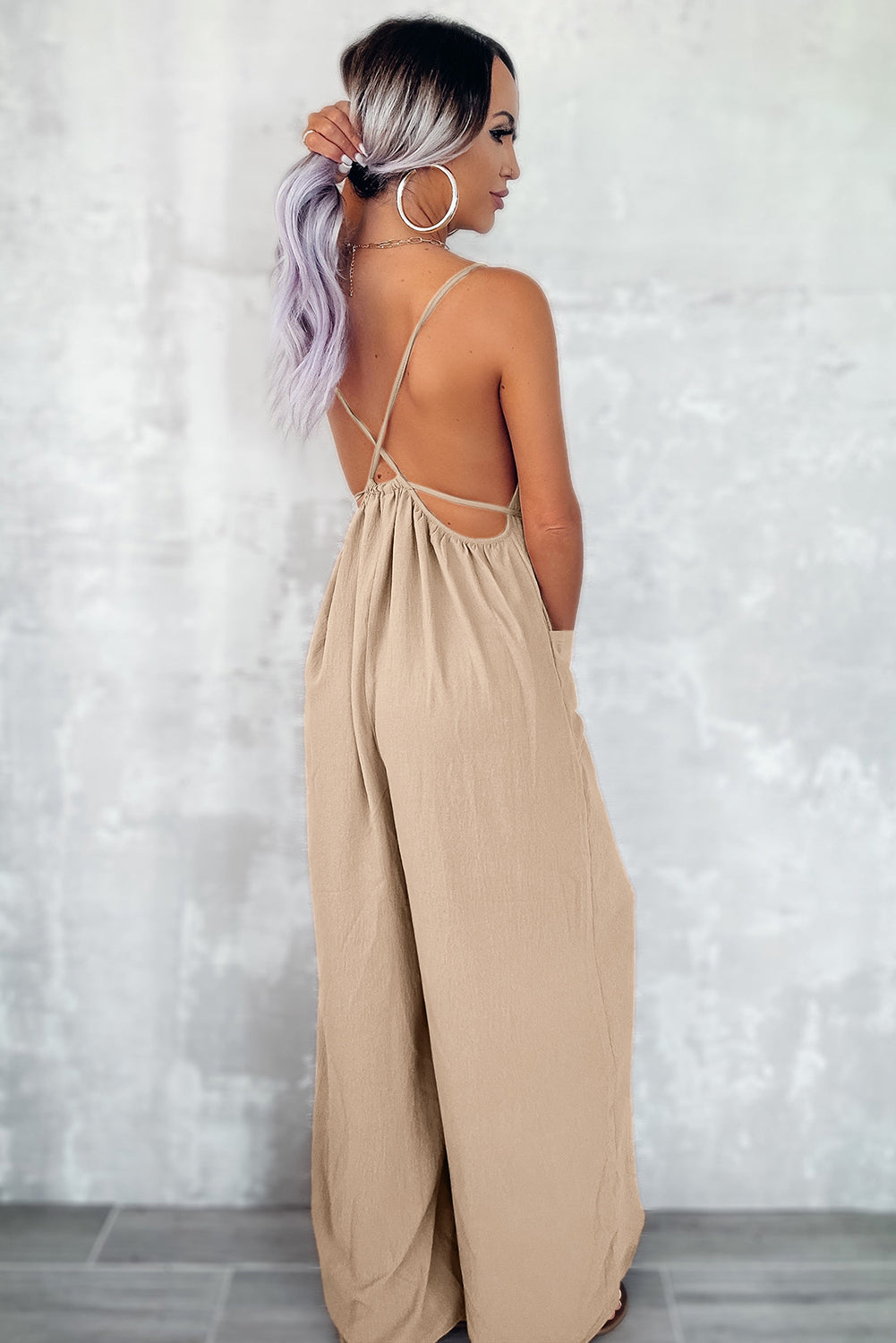 Apricot Spaghetti Straps Waist Tie Wide Leg Jumpsuit with Pockets