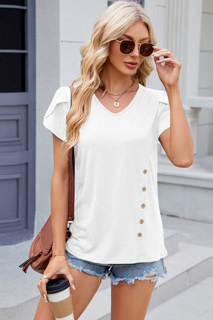 V-Neck Petal Sleeve T-Shirt