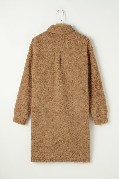 Khaki Contrast Flap Pocket Single Breasted Teddy Coat