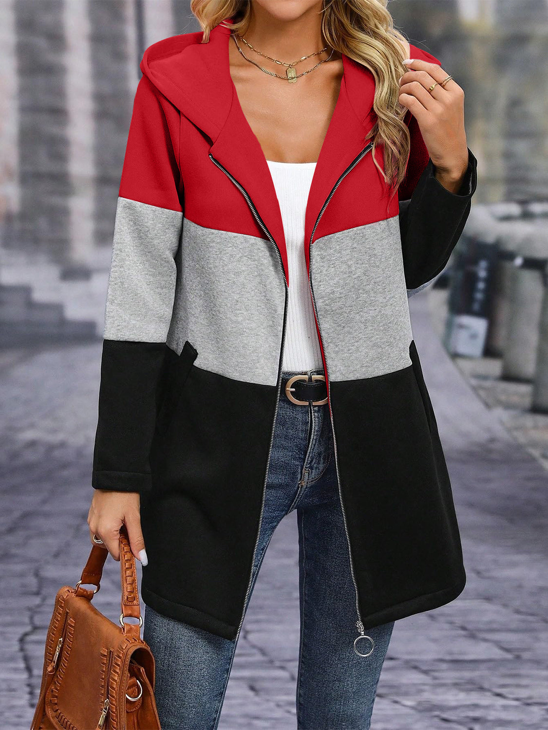 Color Block Zip Up Long Sleeve Hooded Outerwear