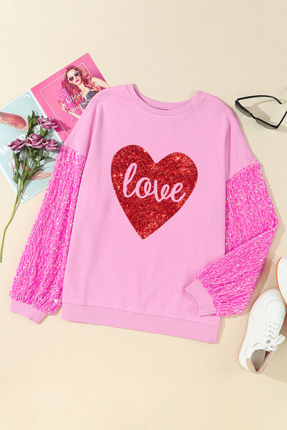 Pink Shiny Heart Shape love Print Sequined Sleeve Sweatshirt